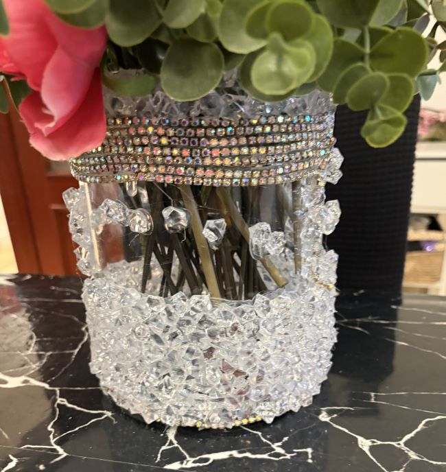 JARRON VIDRIO CON PEDRERIA Y DETALLES ELEGANTES ADORNO FLORAL