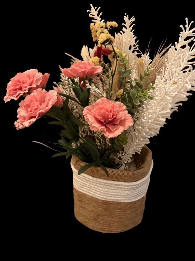 ADORNO FLORAL CON YUTE Y ALGODON